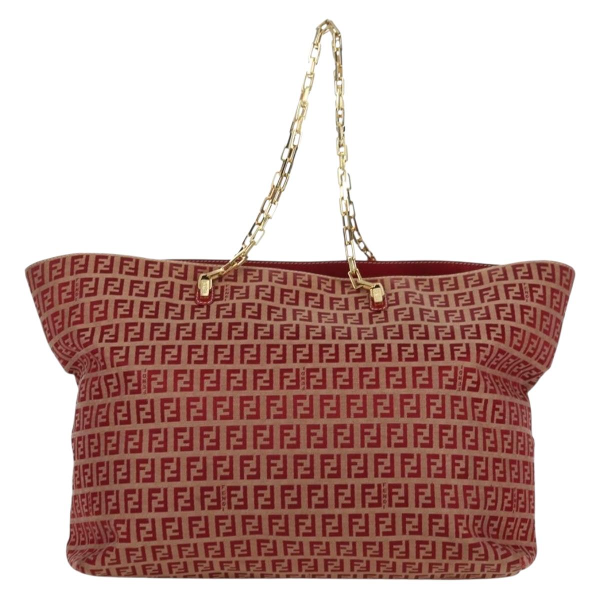 FENDI Zucchino Canvas Chain Tote Bag Red Gold Auth BAZ789V