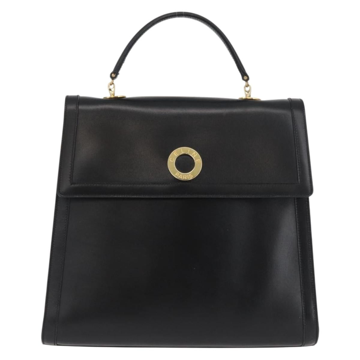 CELINE Circle Hand Bag Leather Black Gold Auth BAZ793V