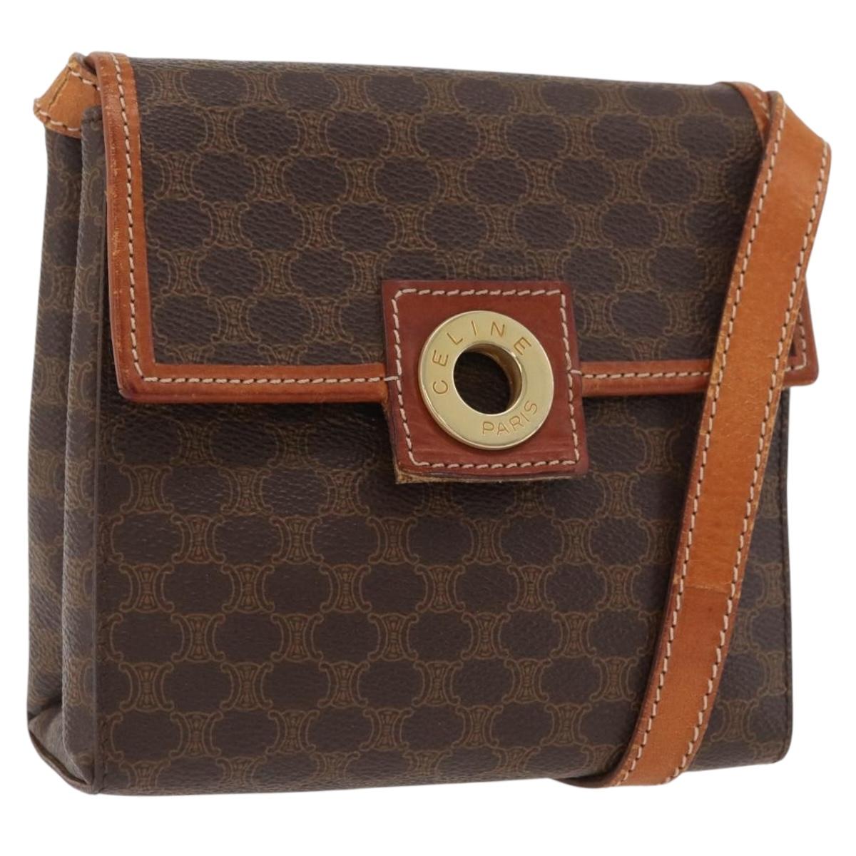 CELINE Macadam Canvas Circle Shoulder Bag PVC Leather Brown Gold Auth BAZ798