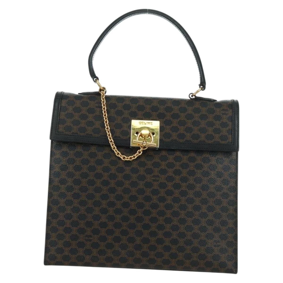 CELINE Macadam Canvas Hand Bag PVC Leather Black Gold Auth BAZ800V