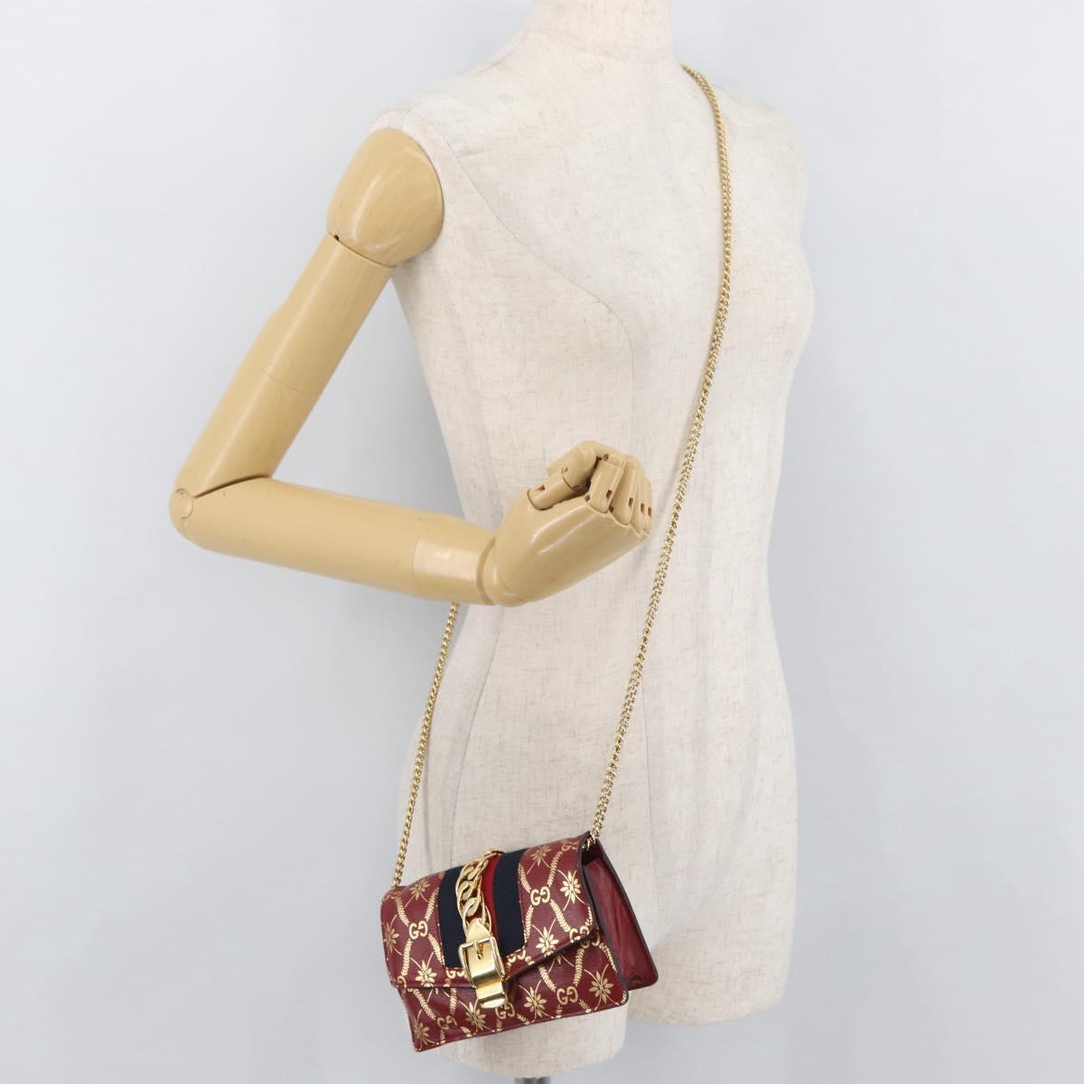 GUCCI GG Canvas Sylvie Sherry Line Chain Bag Leather Red 494646 Auth BAZ806A