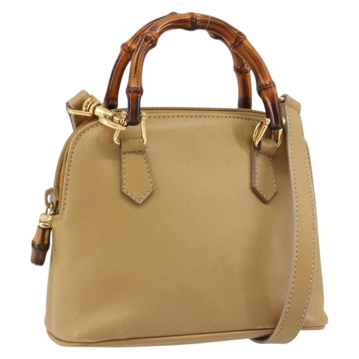 GUCCI Bamboo Hand Bag Leather 2way Beige Gold 007 1014 0231 0 Auth BAZ807