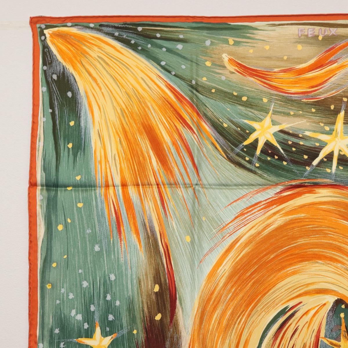 HERMES Carre 90 Scarf ""Feux du Ciel"" Silk Orange Auth BAZ823V