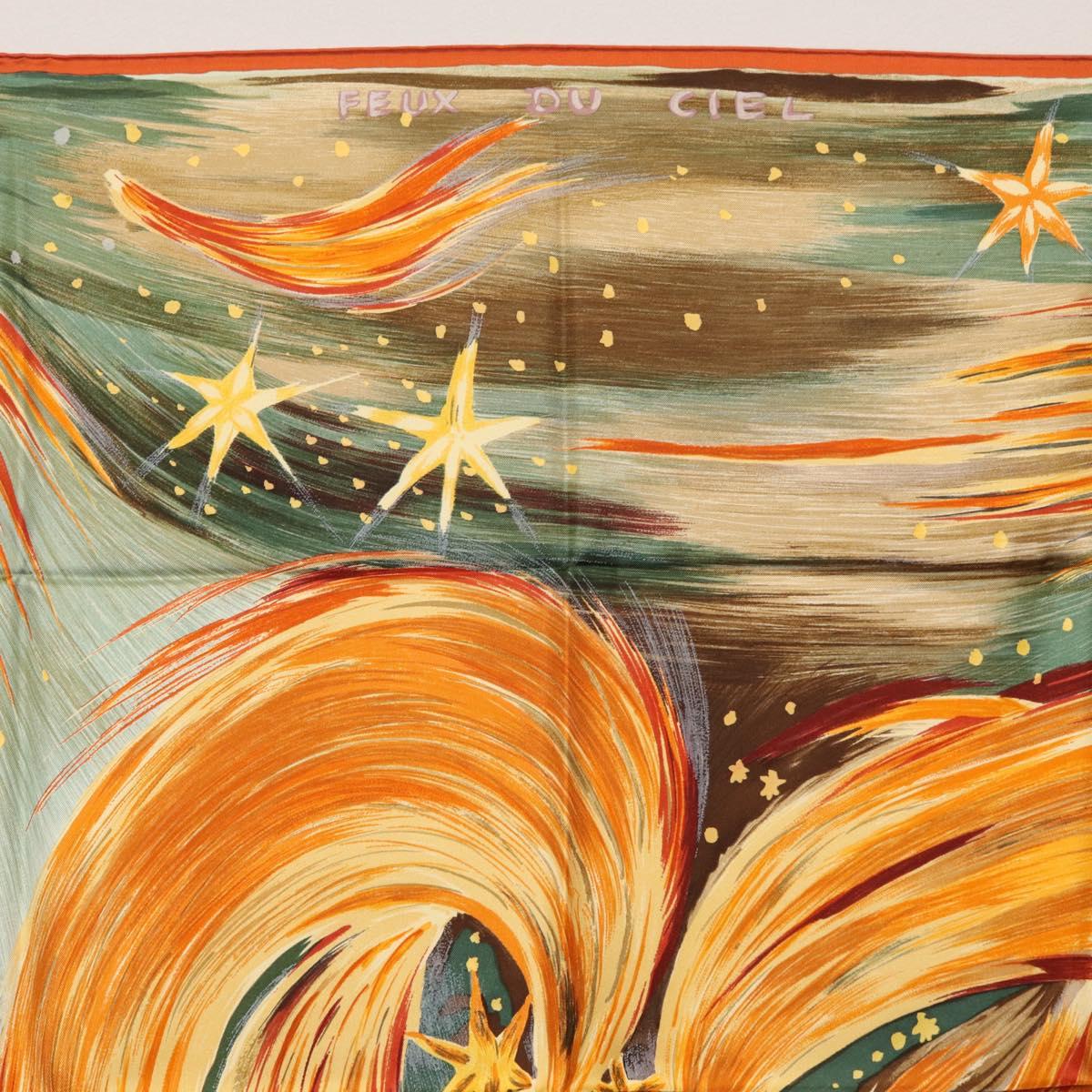 HERMES Carre 90 Scarf ""Feux du Ciel"" Silk Orange Auth BAZ823V