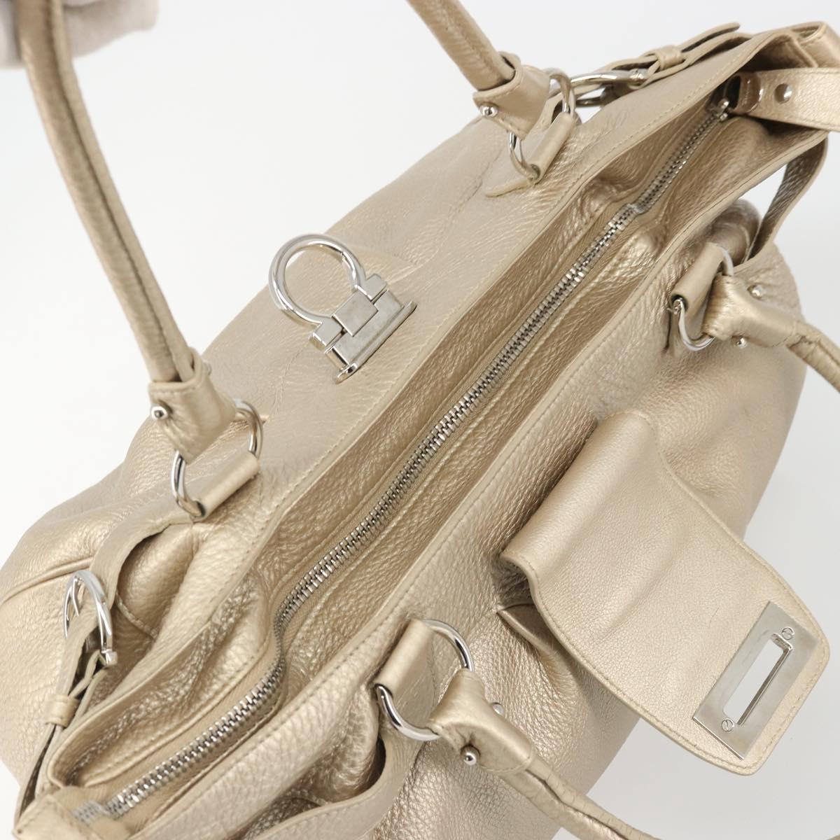 Salvatore Ferragamo Gancini Hand Bag Leather Champagne Gold Silver Auth BAZ863