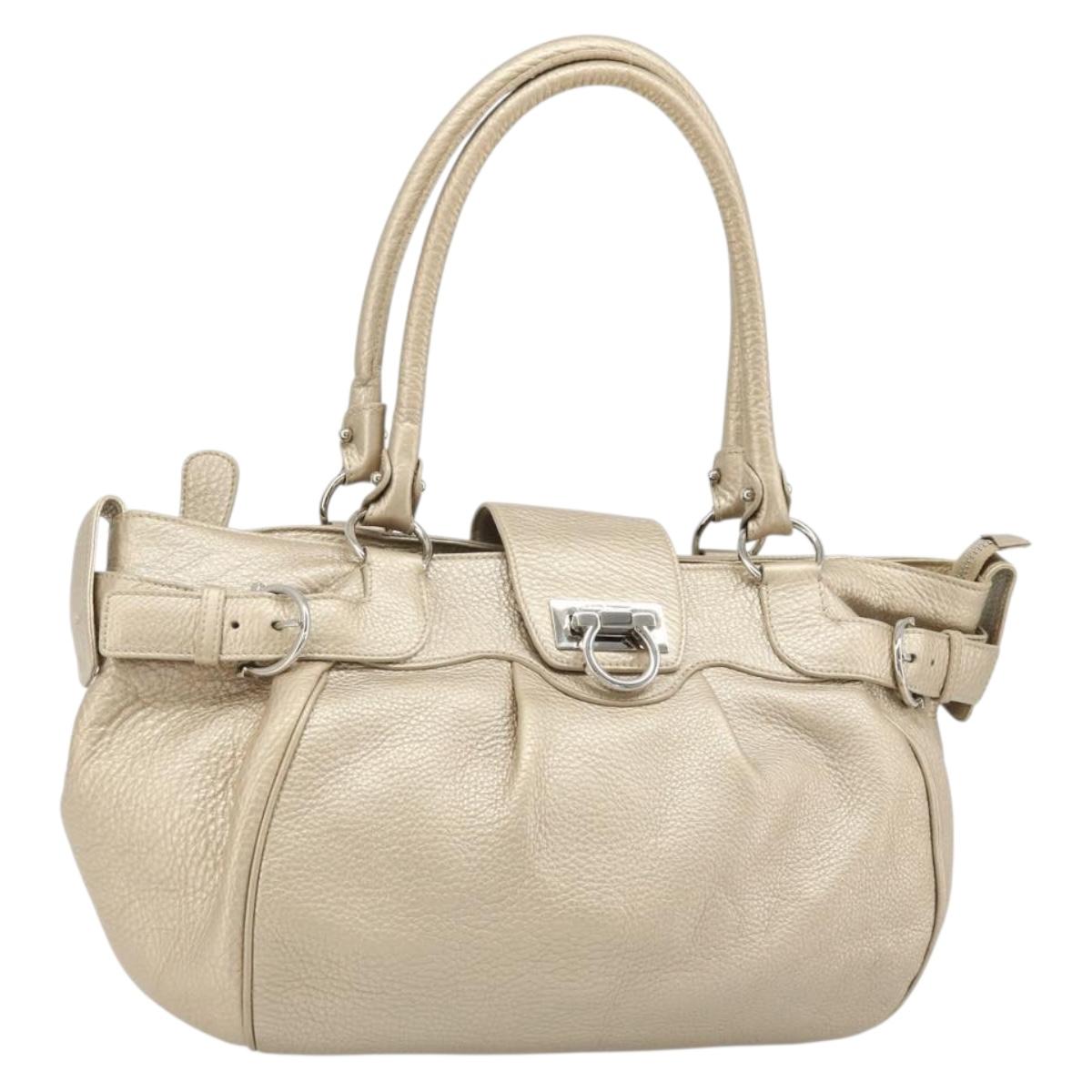 Salvatore Ferragamo Gancini Hand Bag Leather Champagne Gold Silver Auth BAZ863