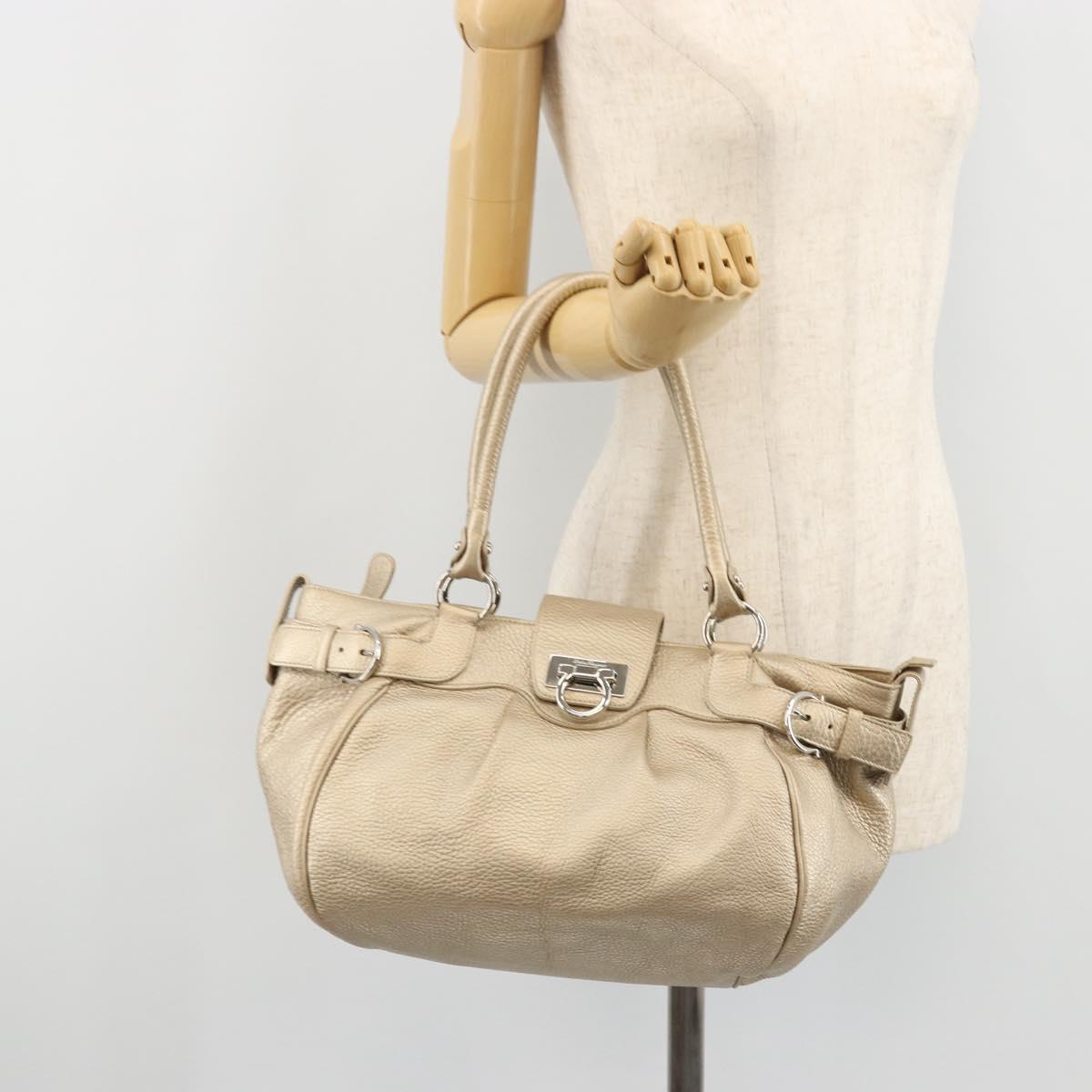 Salvatore Ferragamo Gancini Hand Bag Leather Champagne Gold Silver Auth BAZ863