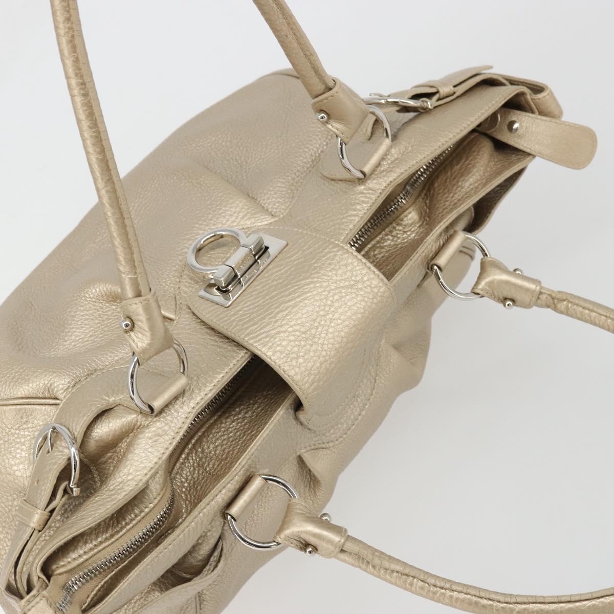 Salvatore Ferragamo Gancini Hand Bag Leather Champagne Gold Silver Auth BAZ863