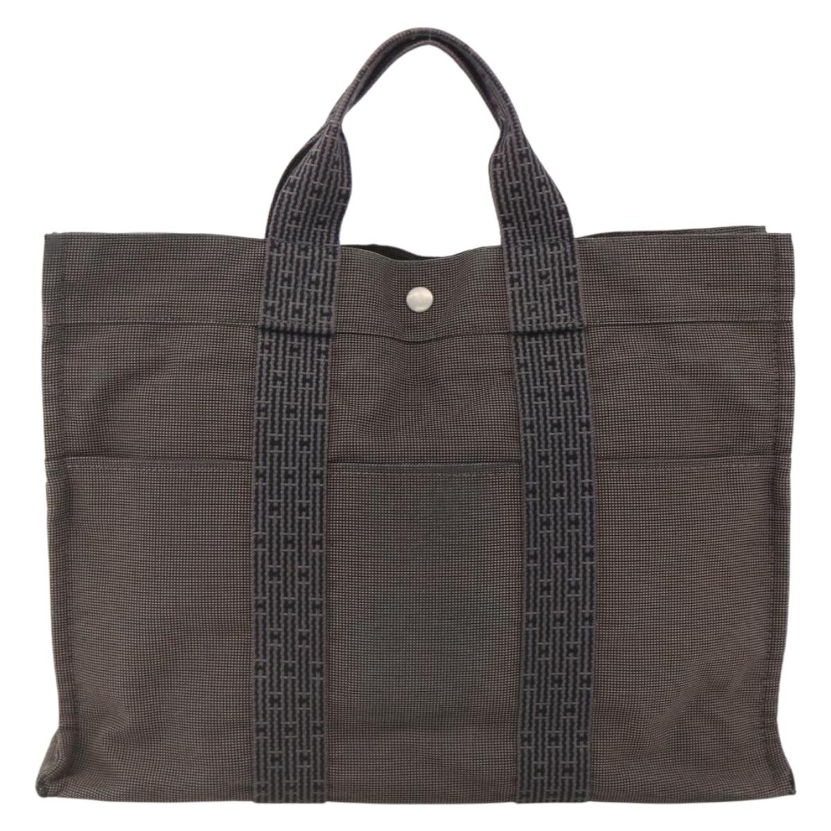 HERMES Her Line MM Hand Bag Canvas Gray Silver Auth BAZ866