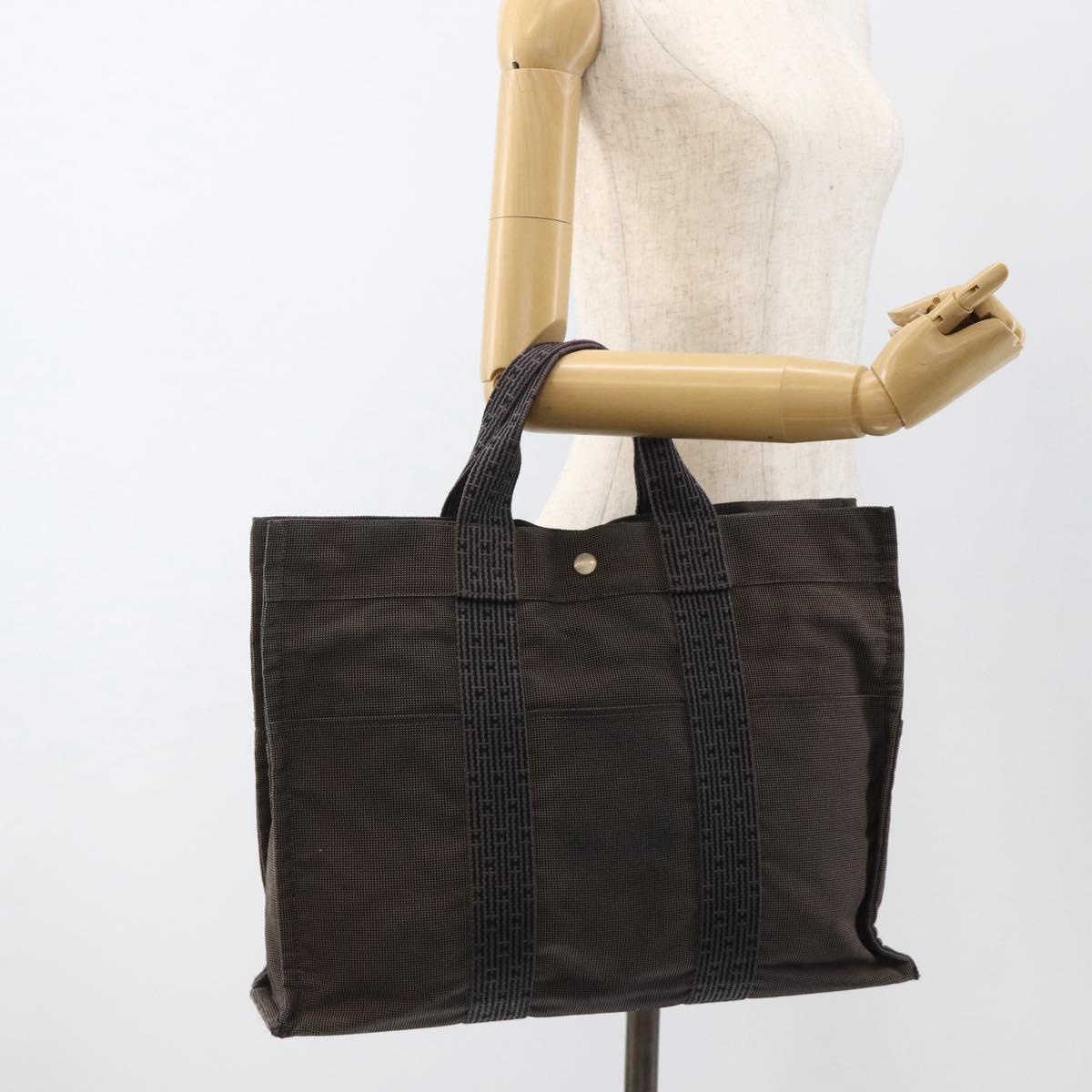 HERMES Her Line MM Hand Bag Canvas Gray Silver Auth BAZ866