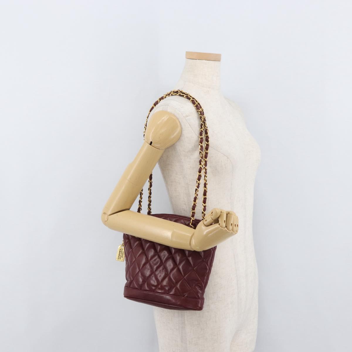 CHANEL Matelasse Chain Shoulder Bag Lamb Skin Bordeaux Gold CC Auth BAZ867