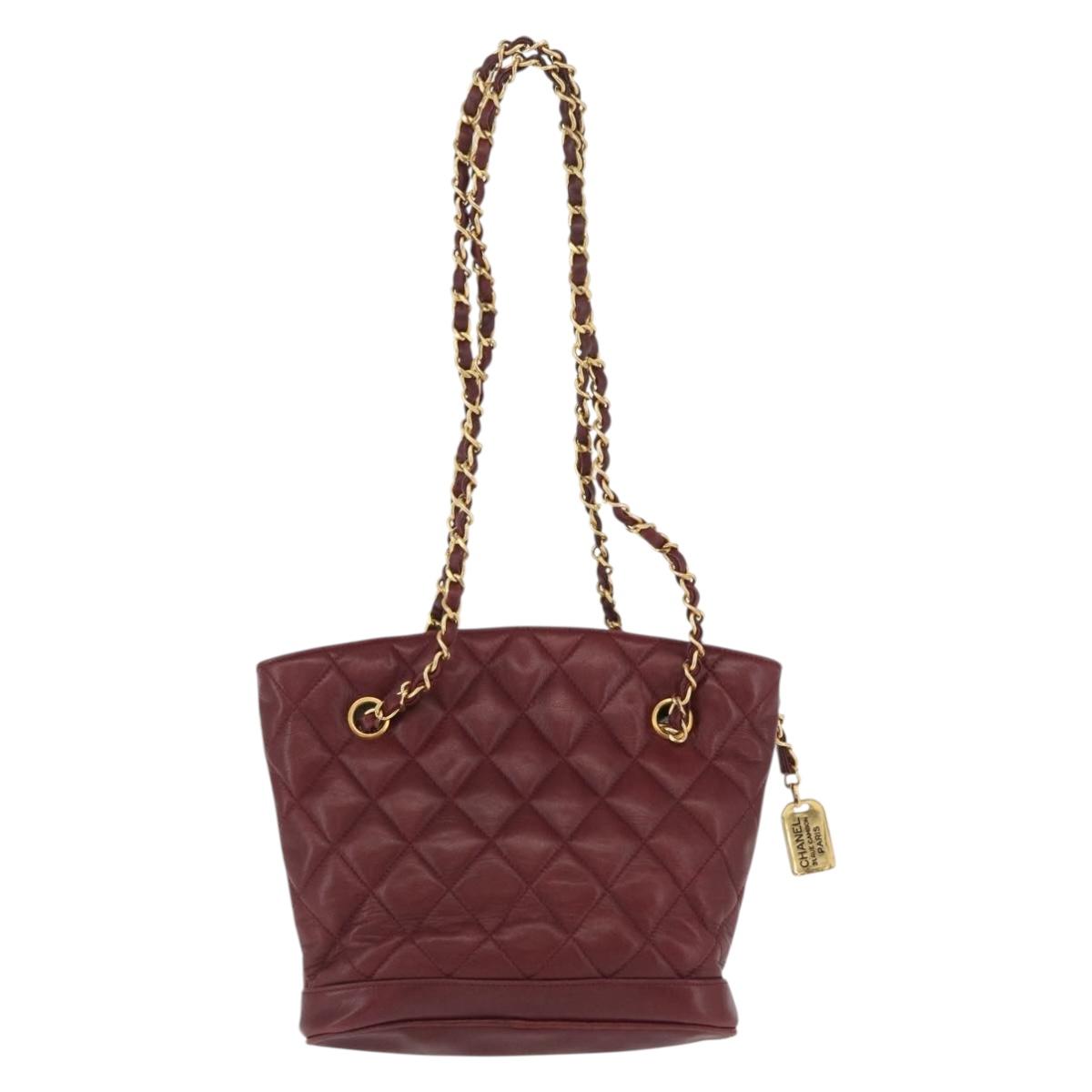CHANEL Matelasse Chain Shoulder Bag Lamb Skin Bordeaux Gold CC Auth BAZ867