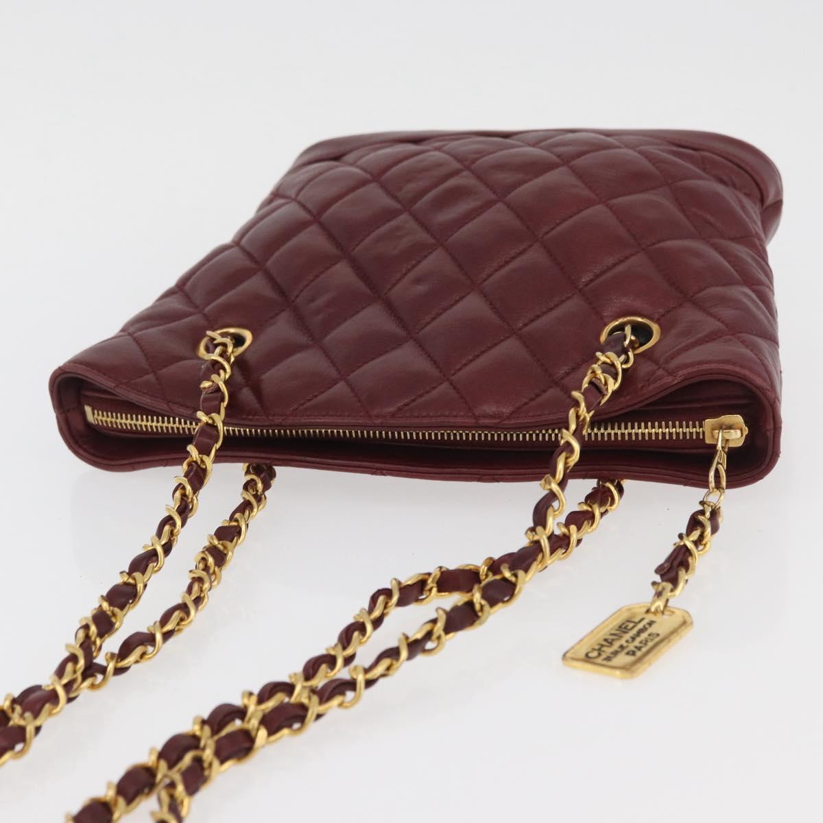 CHANEL Matelasse Chain Shoulder Bag Lamb Skin Bordeaux Gold CC Auth BAZ867
