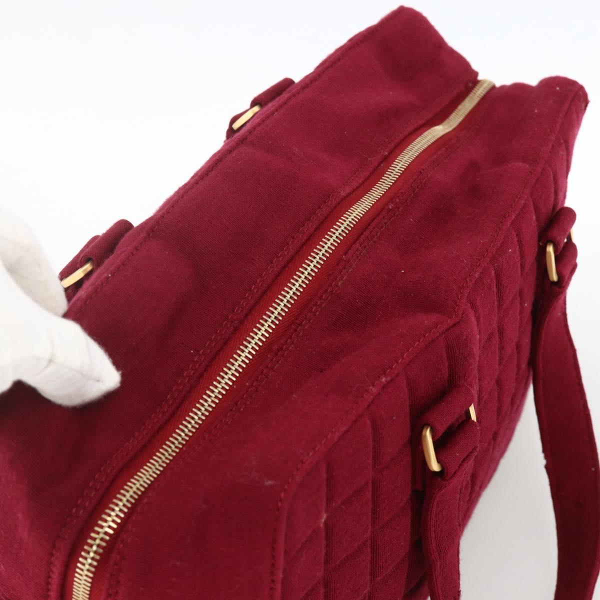 CHANEL Choco Bar Hand Bag Cotton Bordeaux Gold CC Auth BAZ870