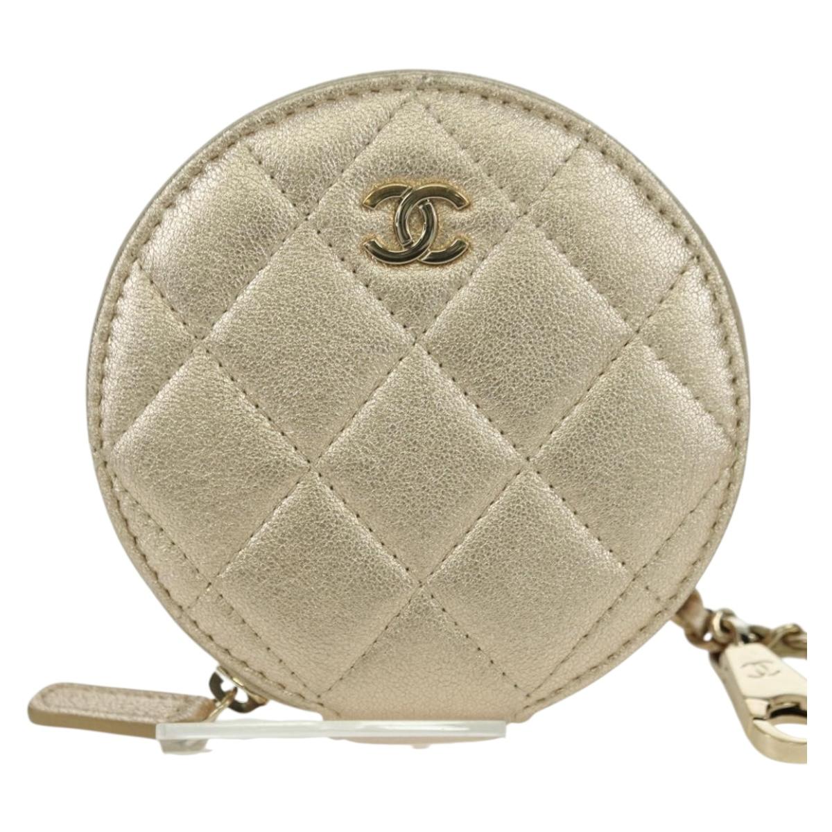 CHANEL Matelasse Air Pods Case & Coin Purse Lamb Skin Gold CC Auth BAZ881SAM