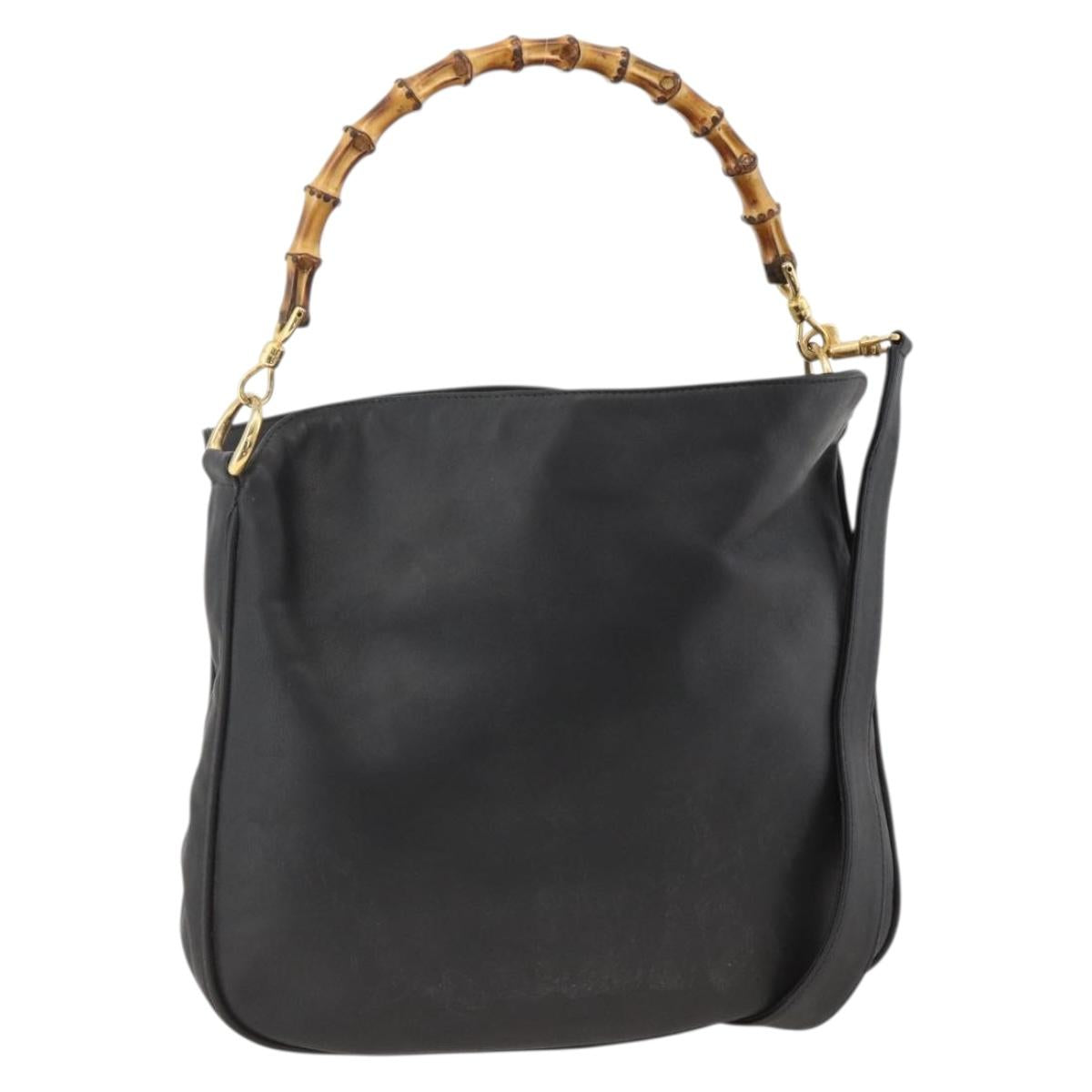 GUCCI Bamboo Shoulder Bag Leather 2way Black Gold 001 1781 1638 Auth BAZ883