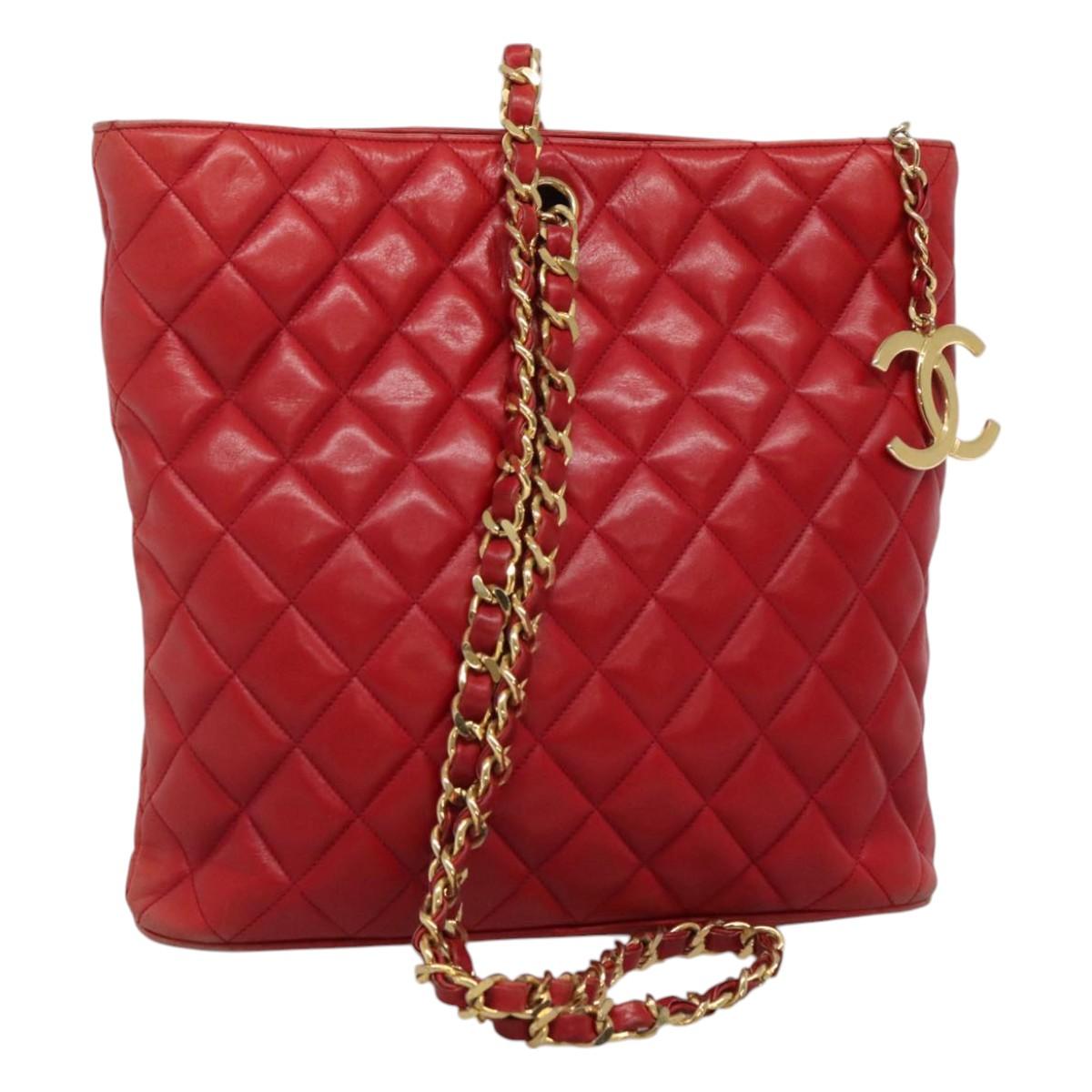 CHANEL Matelasse Hand Bag Lamb Skin Red Gold CC Auth BD051