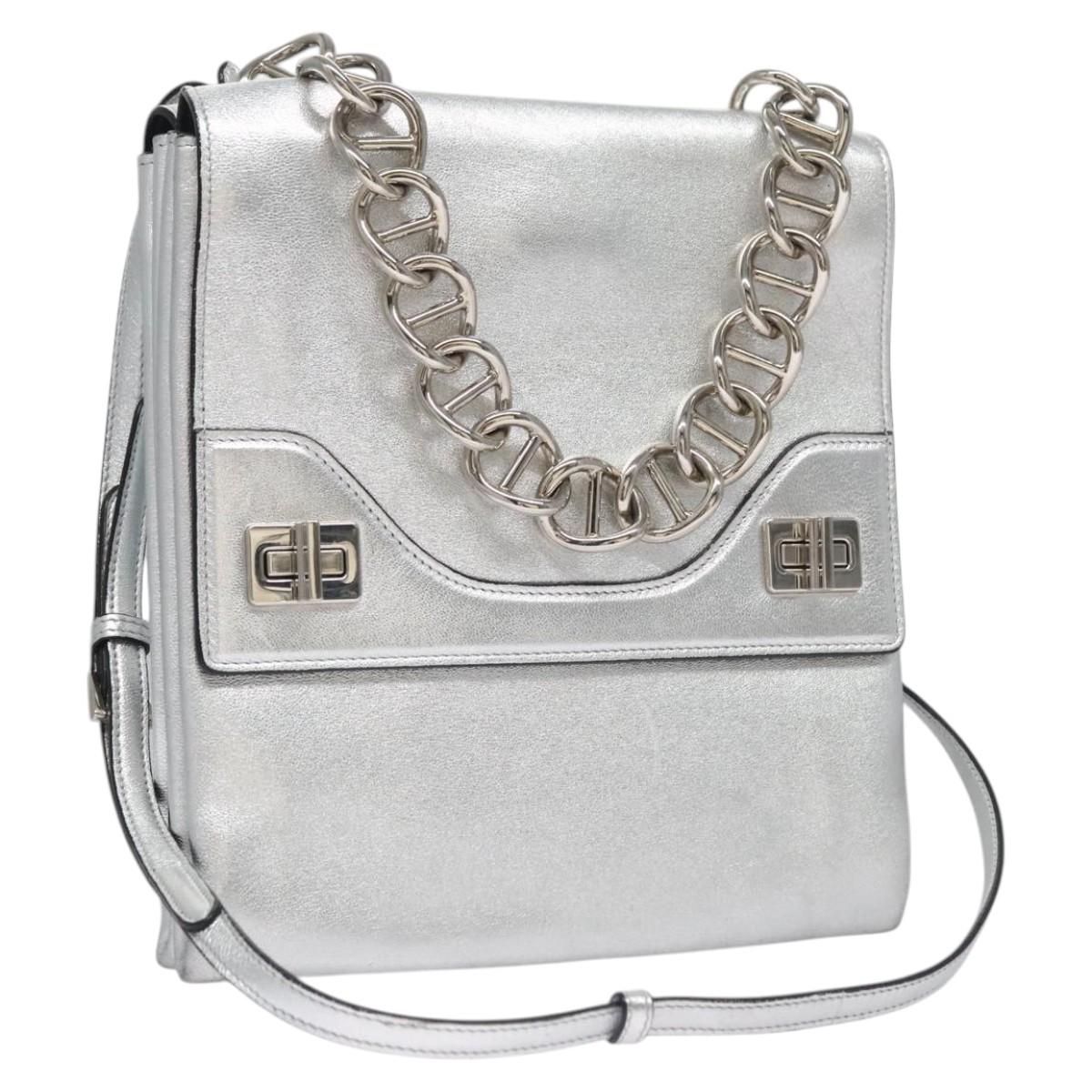 PRADA Chain Hand Bag Leather 2way Silver Auth BD055AV