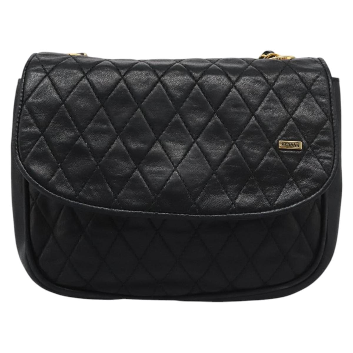 BALLY Chain Shoulder Bag Leather Black Gold Auth BD059