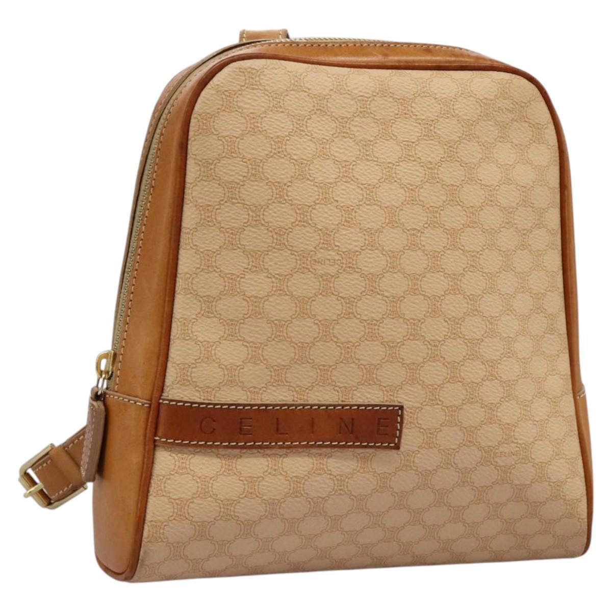 CELINE Macadam Canvas Backpack PVC Leather Beige Auth BD1038