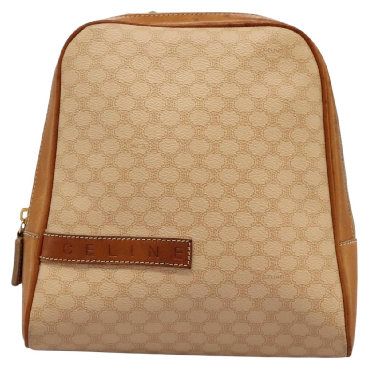 CELINE Macadam Canvas Backpack PVC Leather Beige Auth BD1038