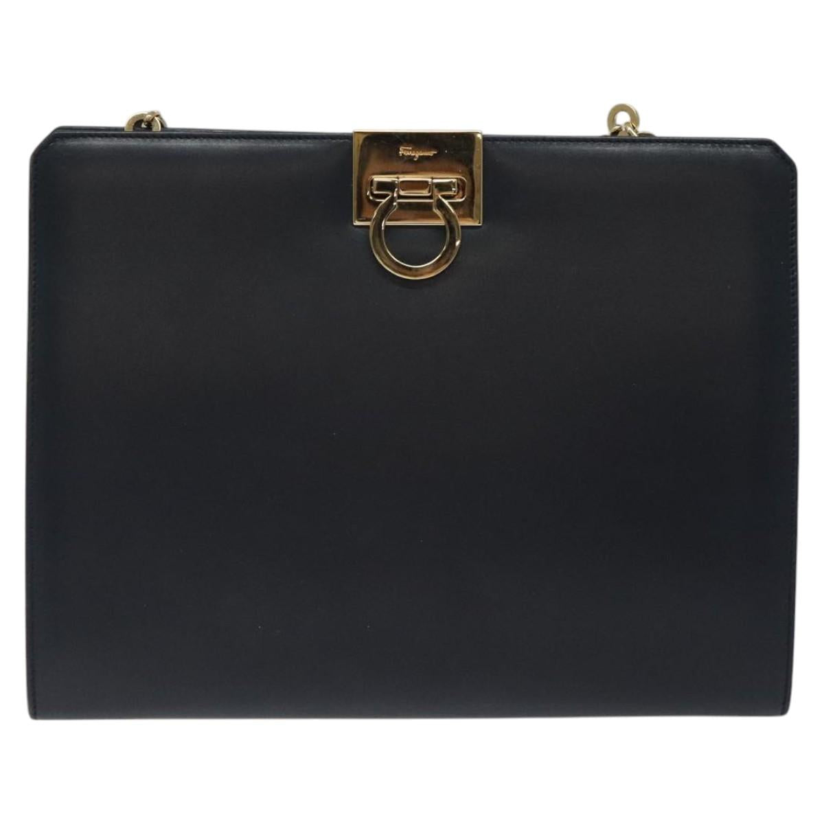 Salvatore Ferragamo Gancini Chain Shoulder Bag Leather Navy Gold Auth BD1060