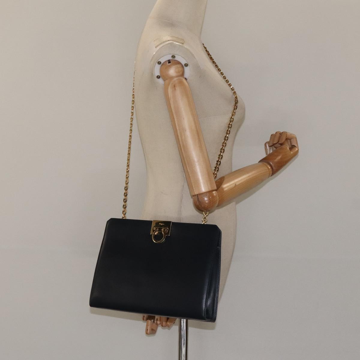 Salvatore Ferragamo Gancini Chain Shoulder Bag Leather Navy Gold Auth BD1060