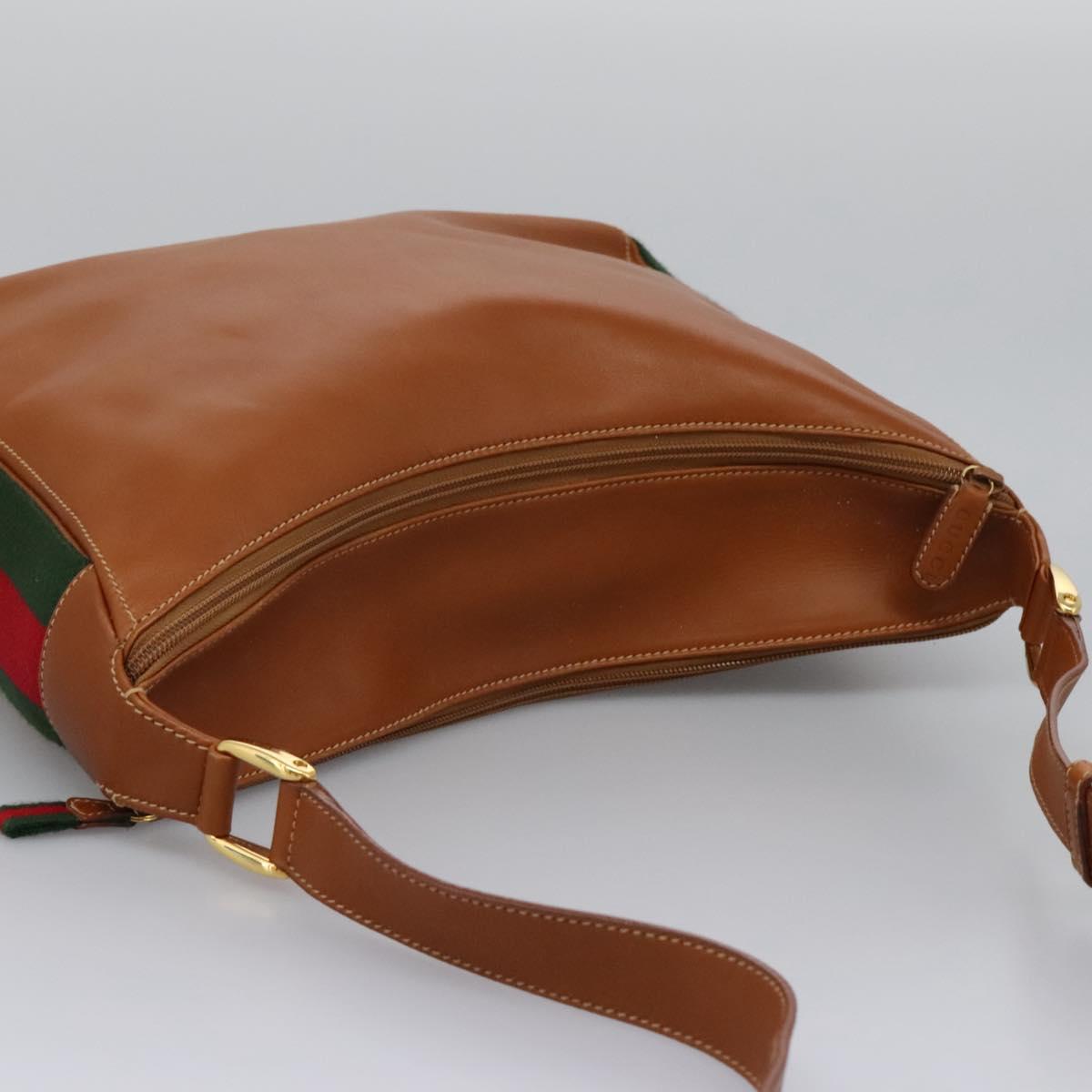 GUCCI Web Sherry Line Shoulder Bag Leather Brown Red Green Auth BD1064