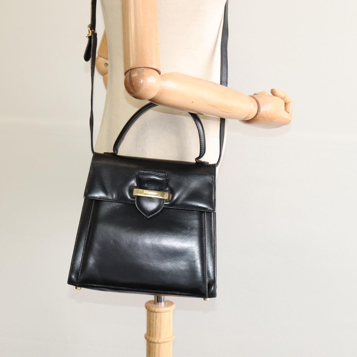 Salvatore Ferragamo Hand Bag Leather 2way Black Gold Auth BD1103