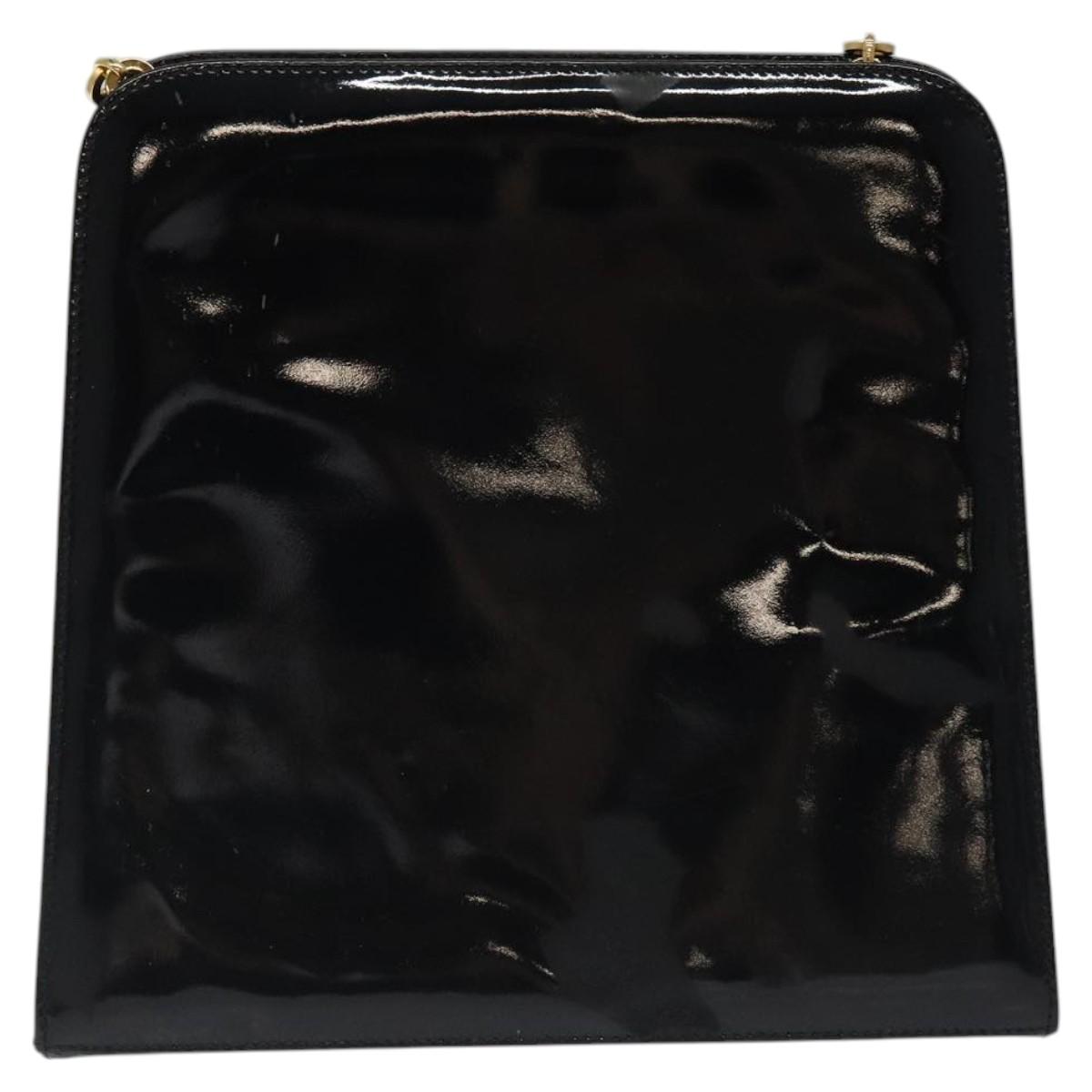 Salvatore Ferragamo Gancini Chain Shoulder Bag Enamel Black Gold Auth BD1170