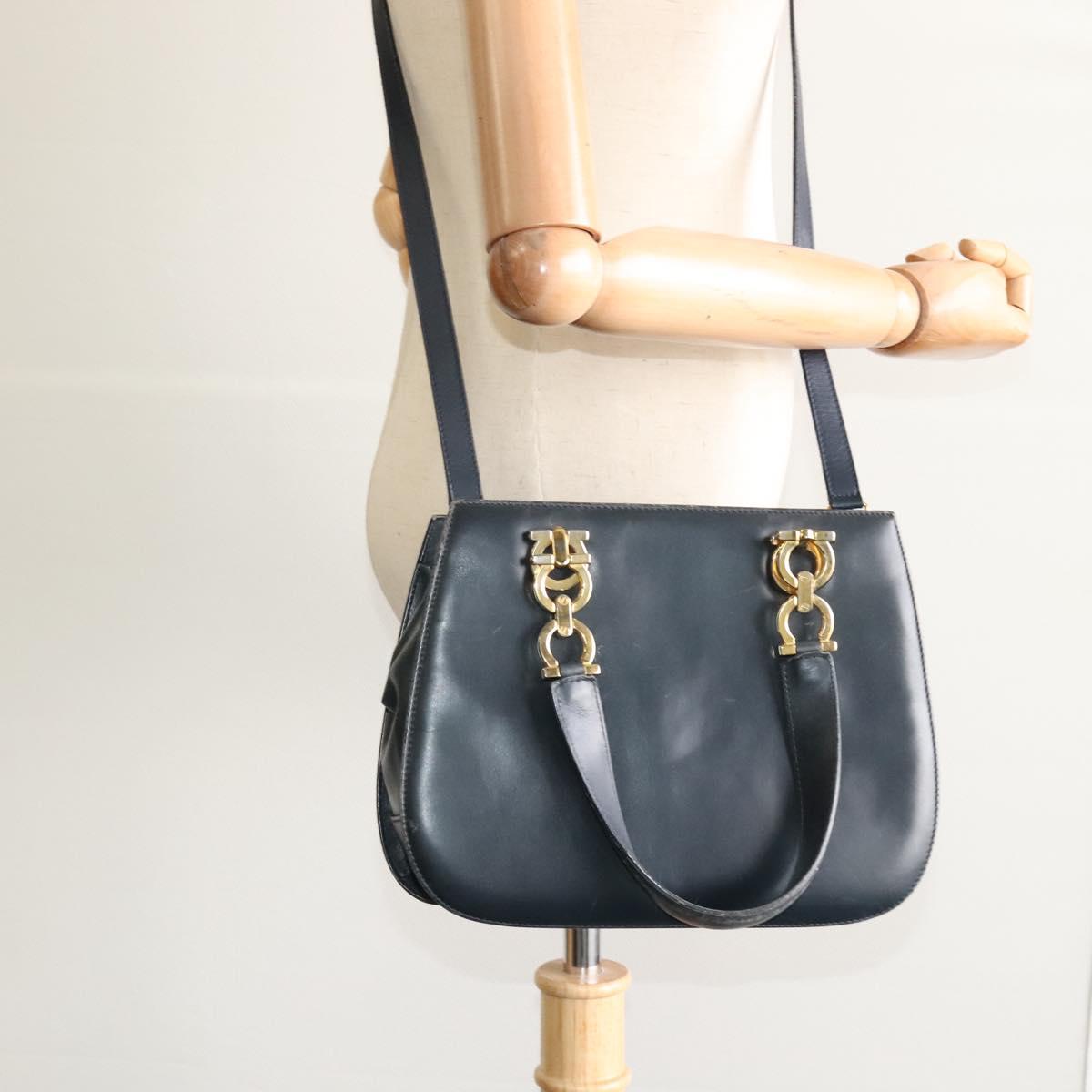 Salvatore Ferragamo Gancini Hand Bag Leather 2way Navy Gold Auth BD1171