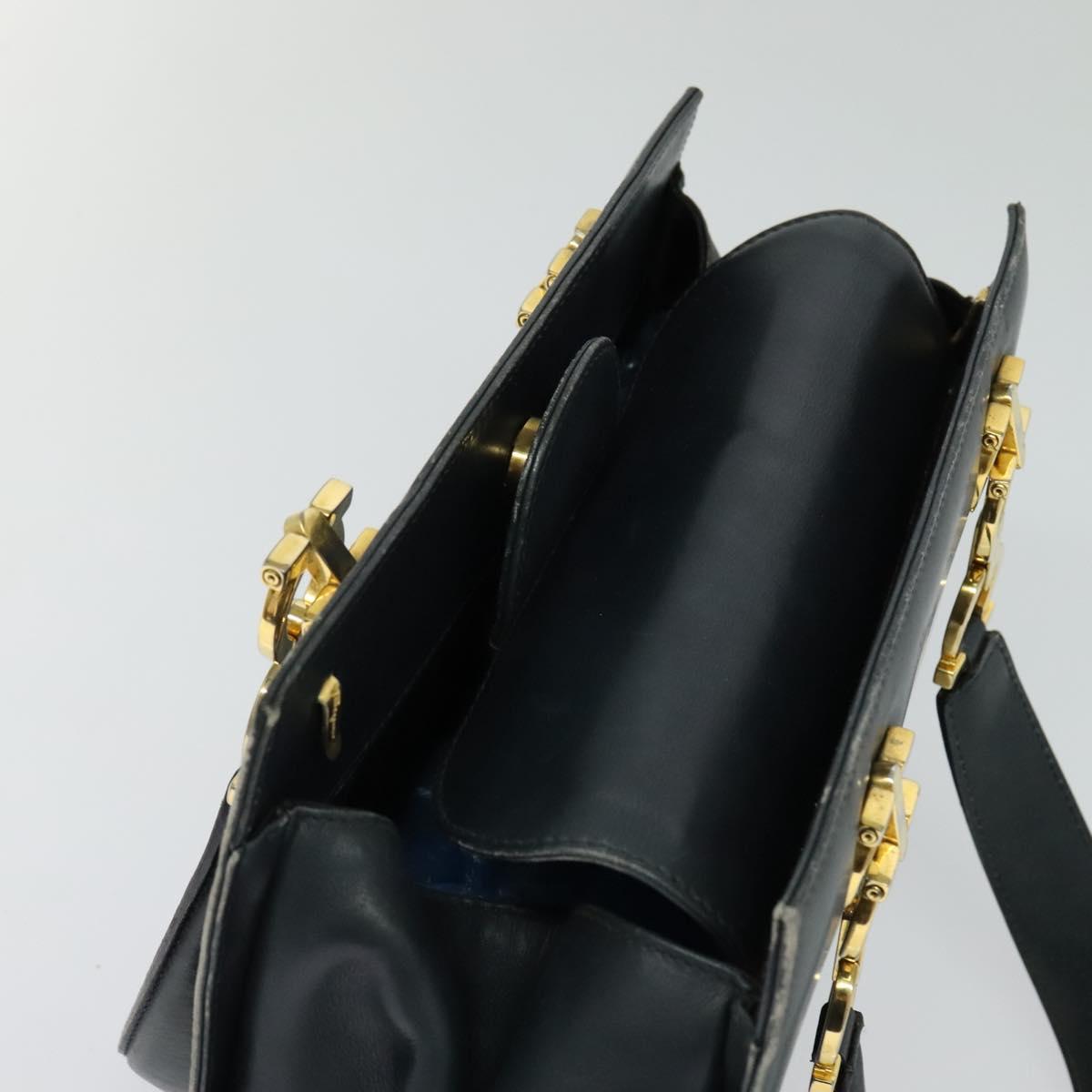 Salvatore Ferragamo Gancini Hand Bag Leather 2way Navy Gold Auth BD1171