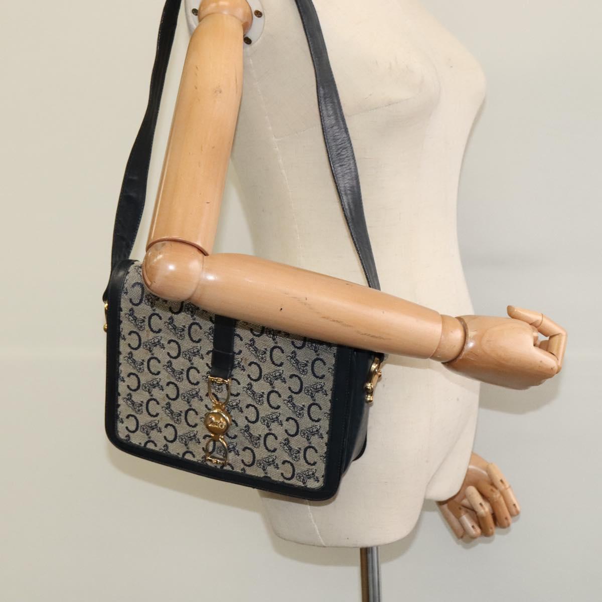 CELINE C Sulky Shoulder Bag Canvas Navy Gold Auth BD1174