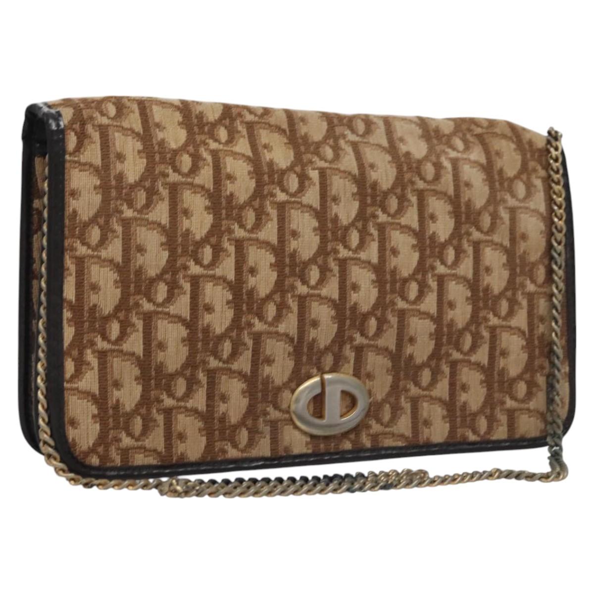 Christian Dior Trotter Canvas Chain Shoulder Bag Brown Gold Auth BD118