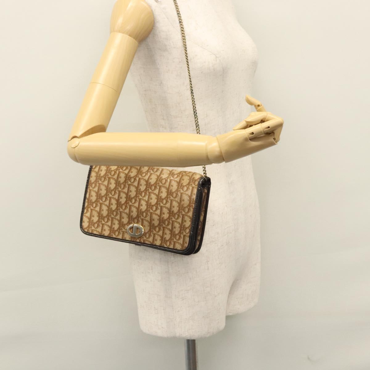 Christian Dior Trotter Canvas Chain Shoulder Bag Brown Gold Auth BD118