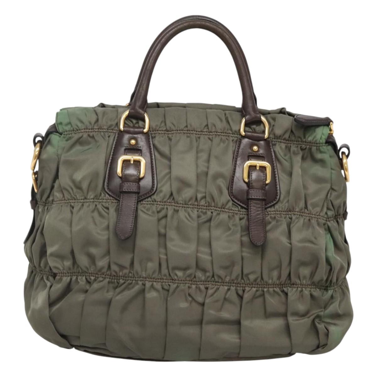 PRADA Hand Bag Nylon 2way Khaki Gold Auth BD1244