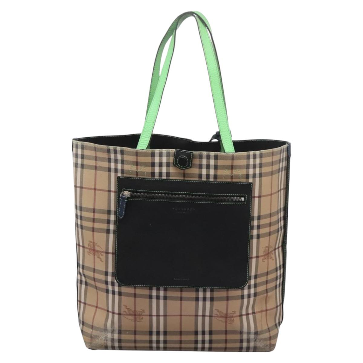 BURBERRY Nova Check Tote Bag PVC Leather Beige Green Silver Auth BD130