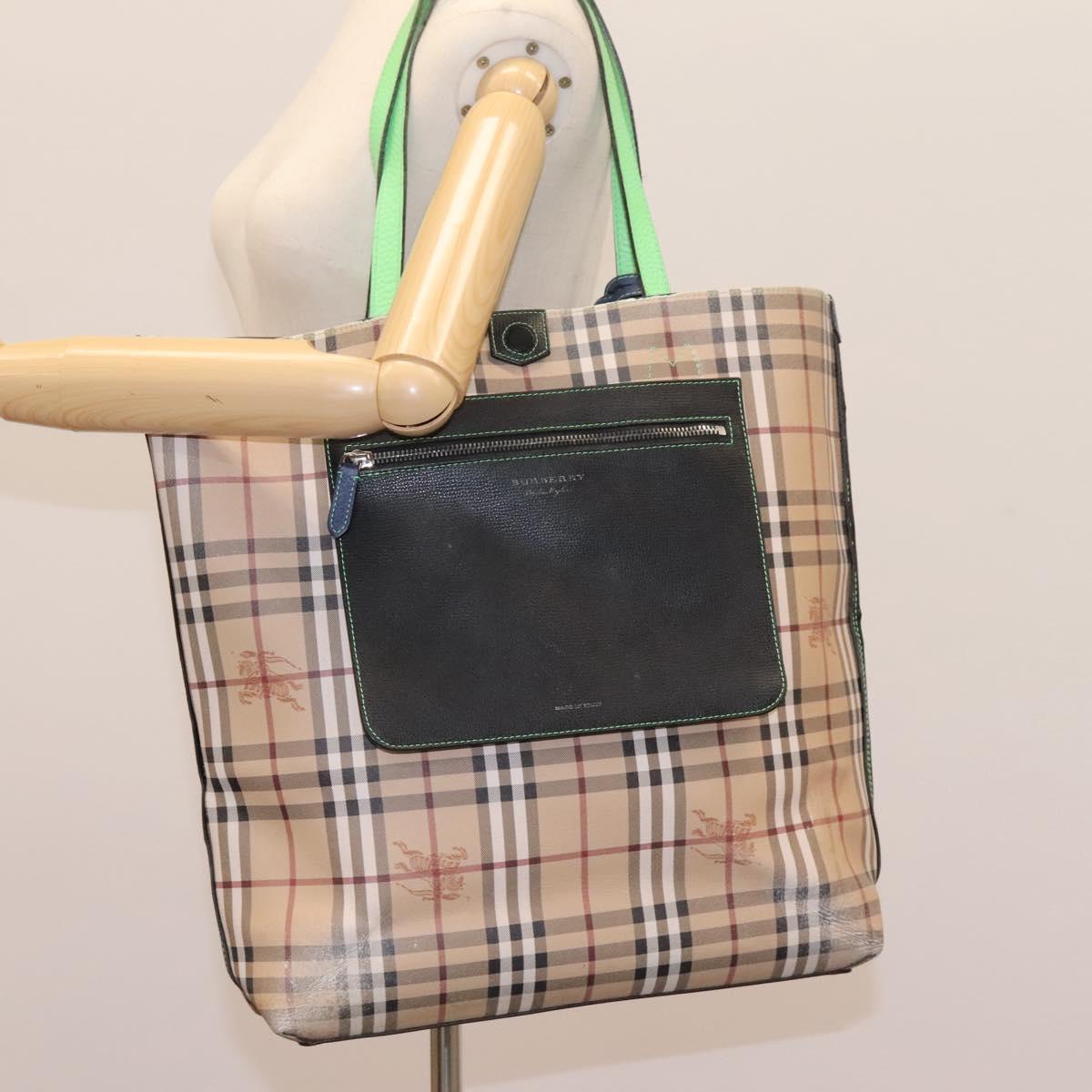 BURBERRY Nova Check Tote Bag PVC Leather Beige Green Silver Auth BD130