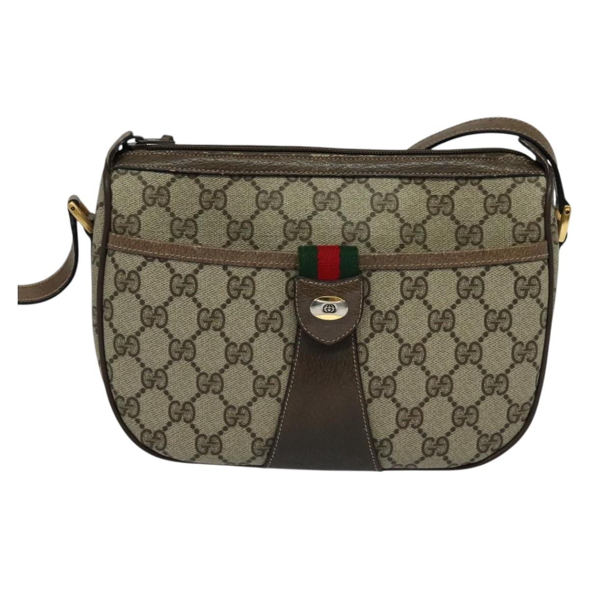 GUCCI GG Supreme Web Sherry Line Shoulder Bag PVC Beige Gold Auth BD1372