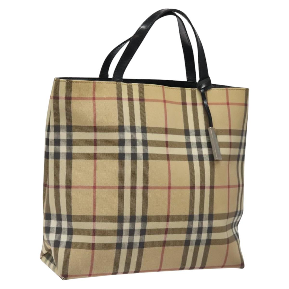 BURBERRY Nova Check Hand Bag PVC Beige Black Silver Auth BD1373