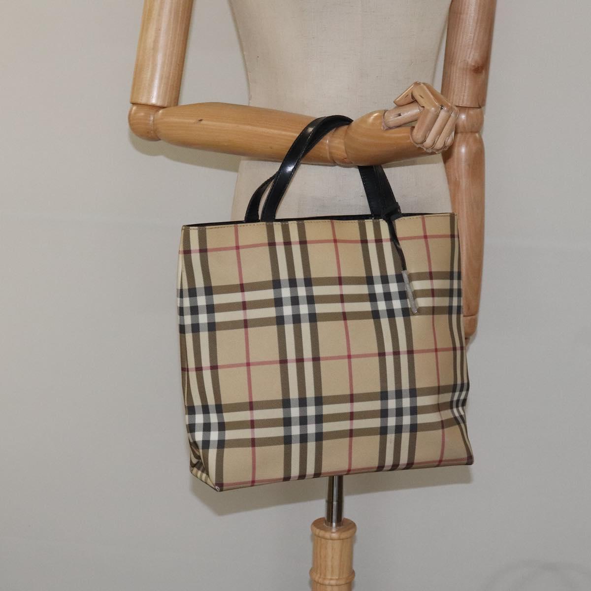 BURBERRY Nova Check Hand Bag PVC Beige Black Silver Auth BD1373
