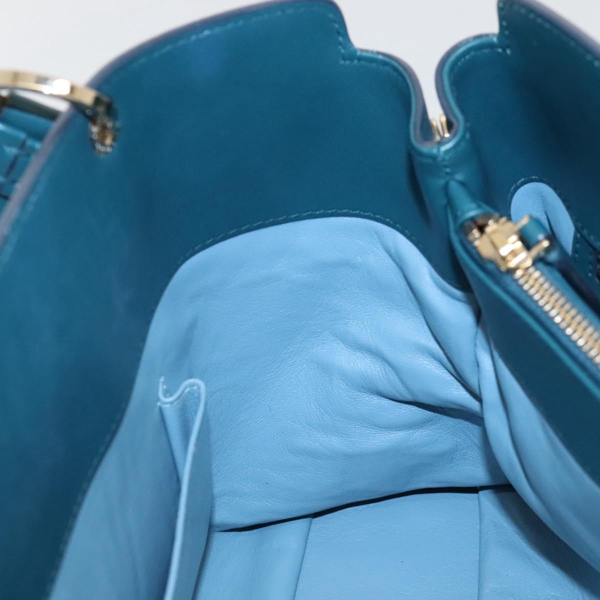 BVLGARI Hand Bag Leather 2way Turquoise Blue Gold Auth BD1376