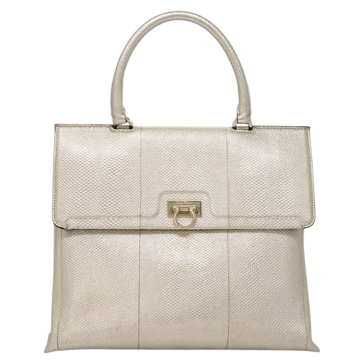 Salvatore Ferragamo Gancini Hand Bag Leather 2way Gold Auth BD137SV