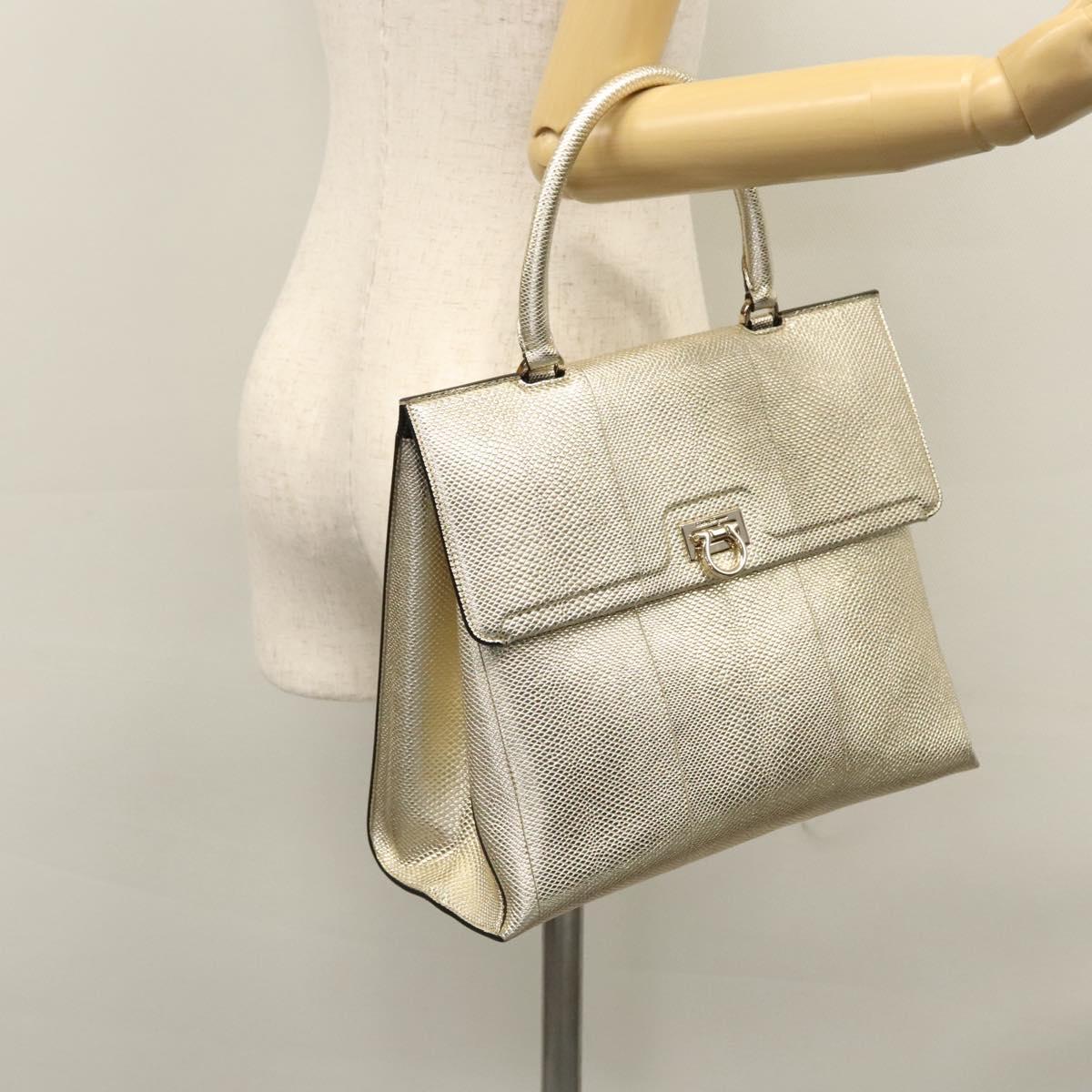 Salvatore Ferragamo Gancini Hand Bag Leather 2way Gold Auth BD137SV