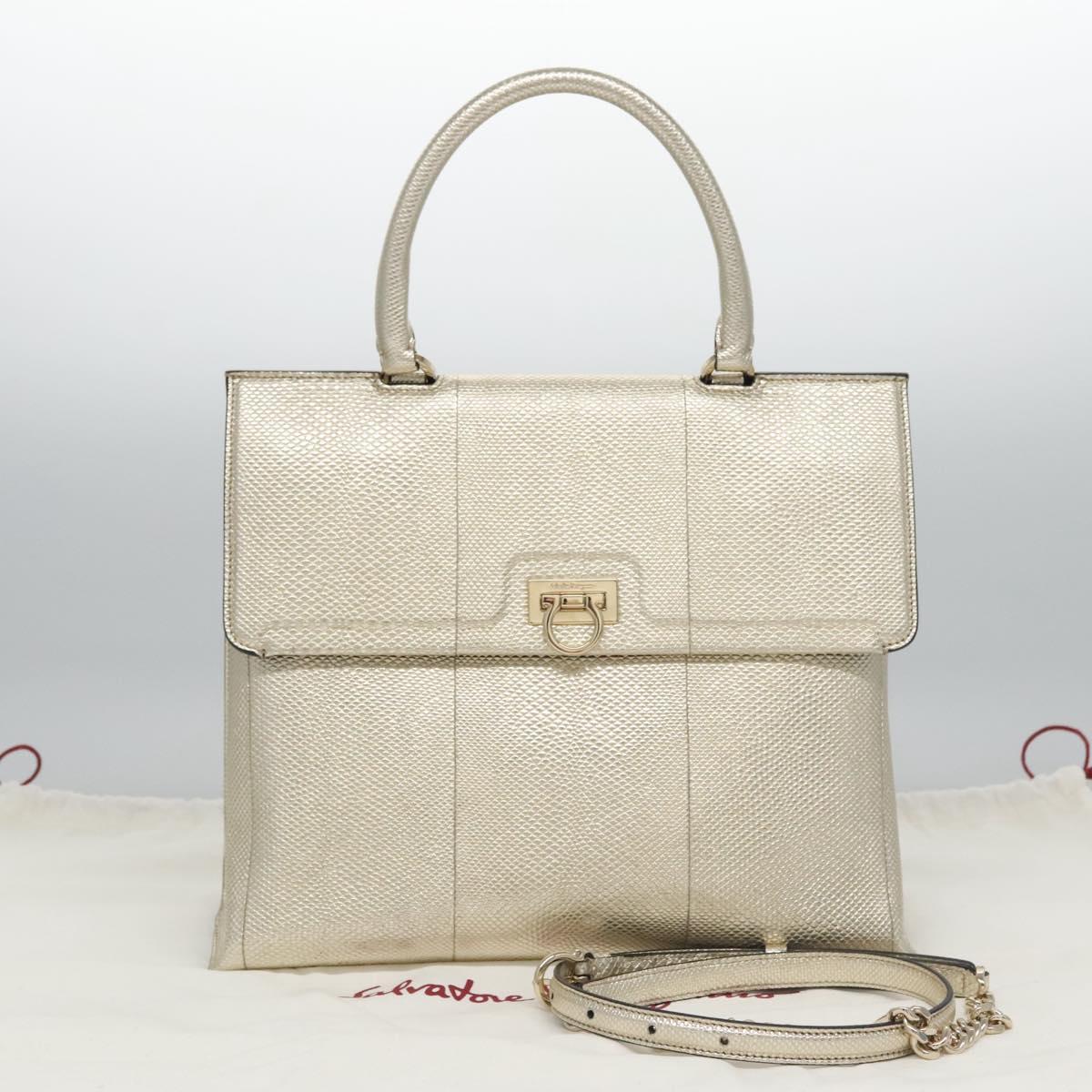 Salvatore Ferragamo Gancini Hand Bag Leather 2way Gold Auth BD137SV