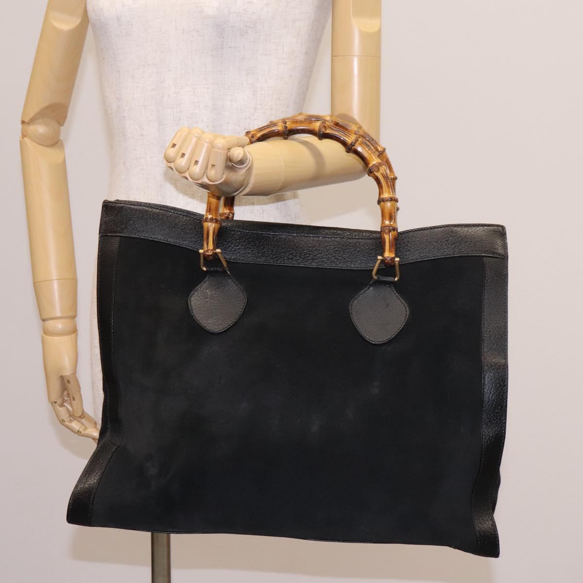 GUCCI Bamboo Hand Bag Suede Leather Black Gold 002 1186 0259 Auth BD1389