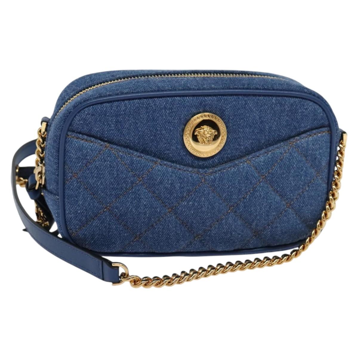 VERSACE Medusa Shoulder Bag Denim Blue Gold Auth BD1427
