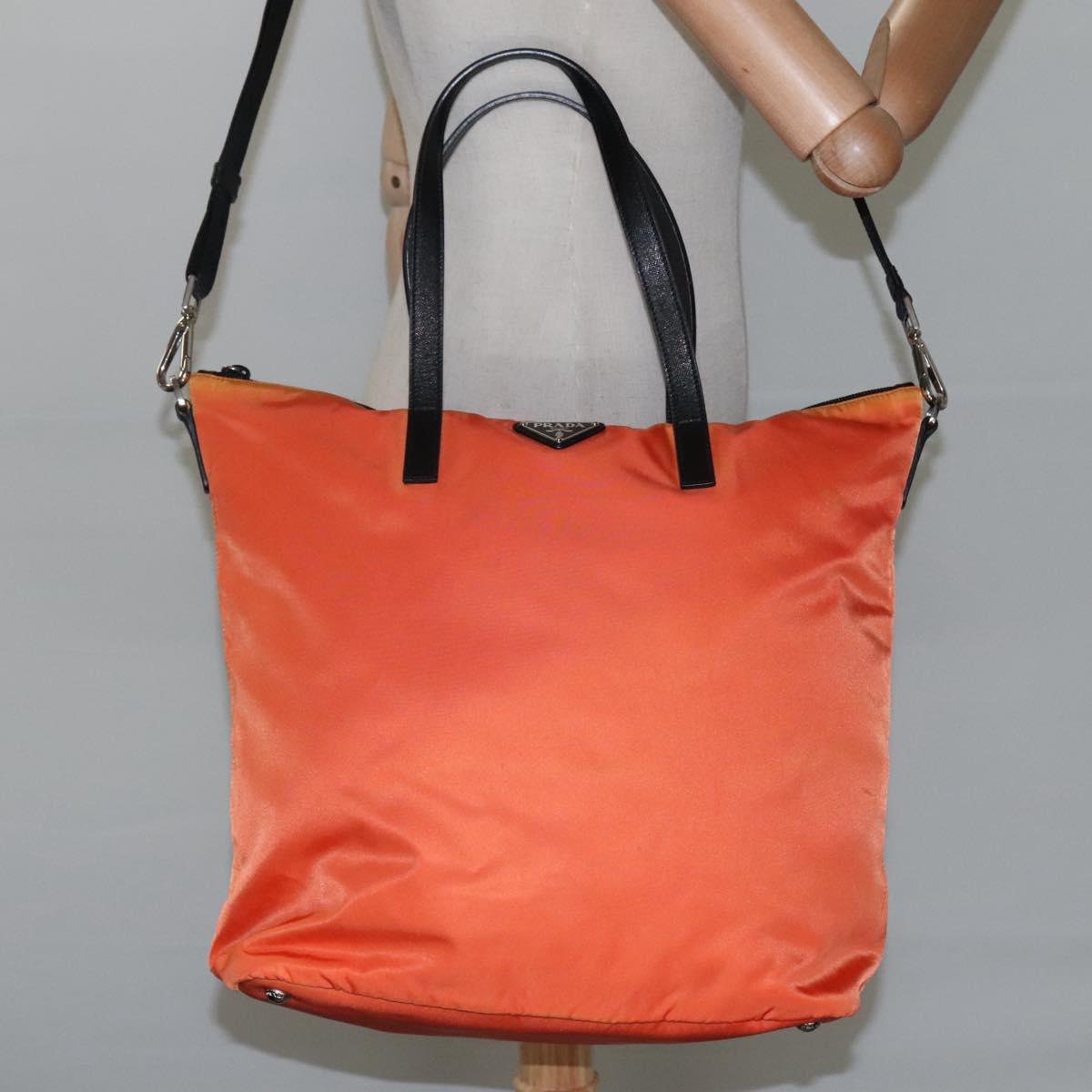 PRADA Tote Bag Nylon 2way Orange Black Silver Auth BD147