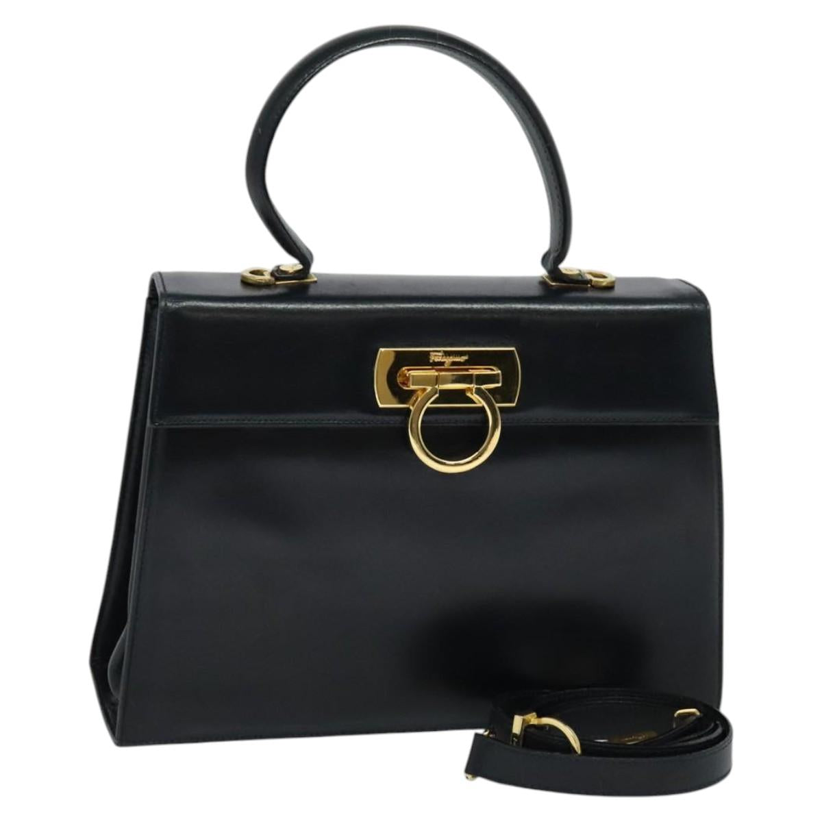 Salvatore Ferragamo Gancini Hand Bag Leather 2way Black Gold Auth BD1498