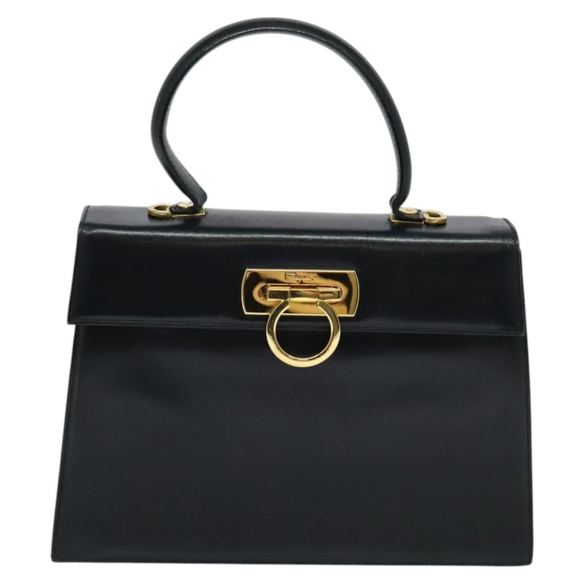 Salvatore Ferragamo Gancini Hand Bag Leather 2way Black Gold Auth BD1498